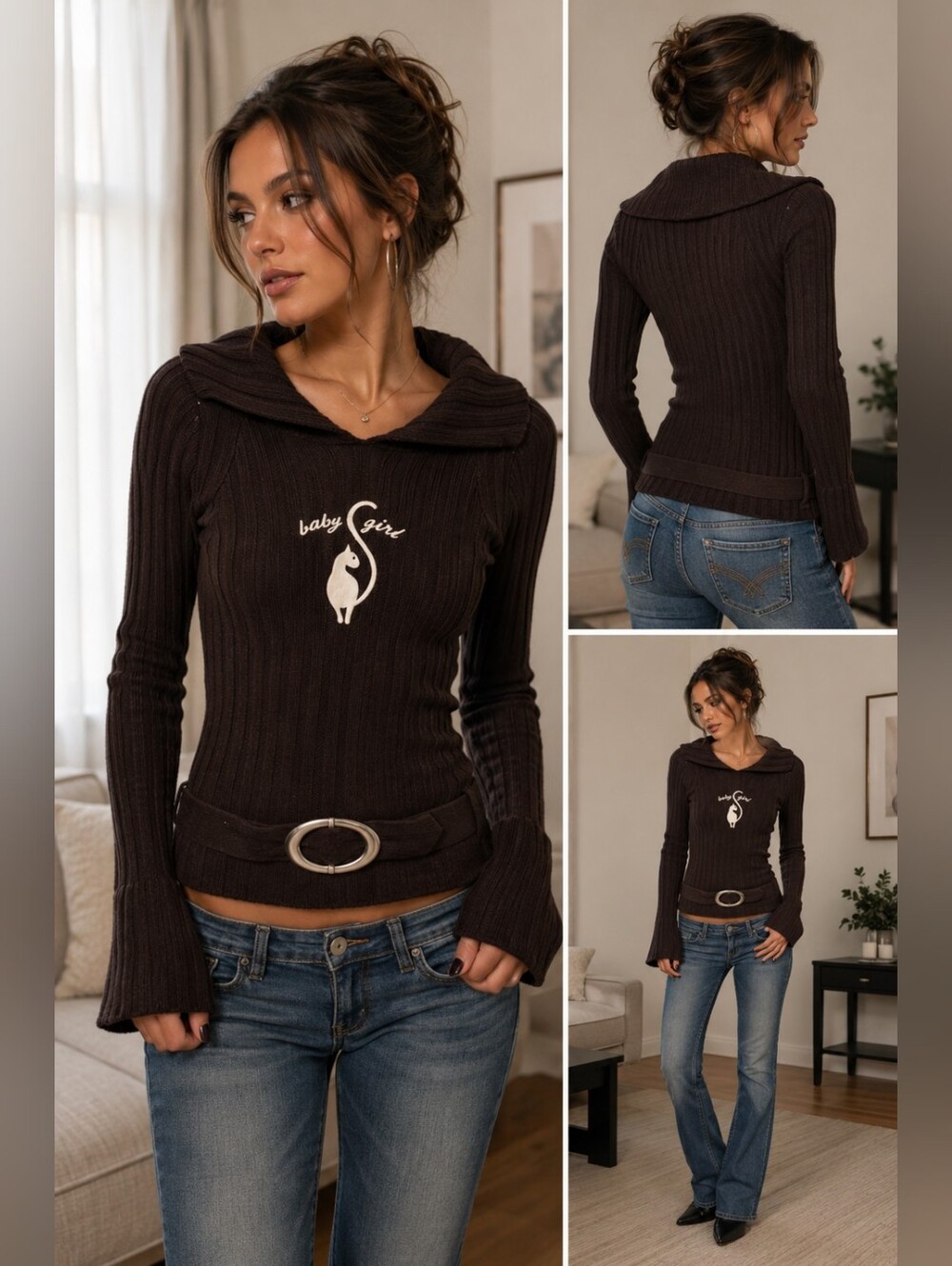 Y2K Baby Girl Brown Ribbed Belted Sweater XS